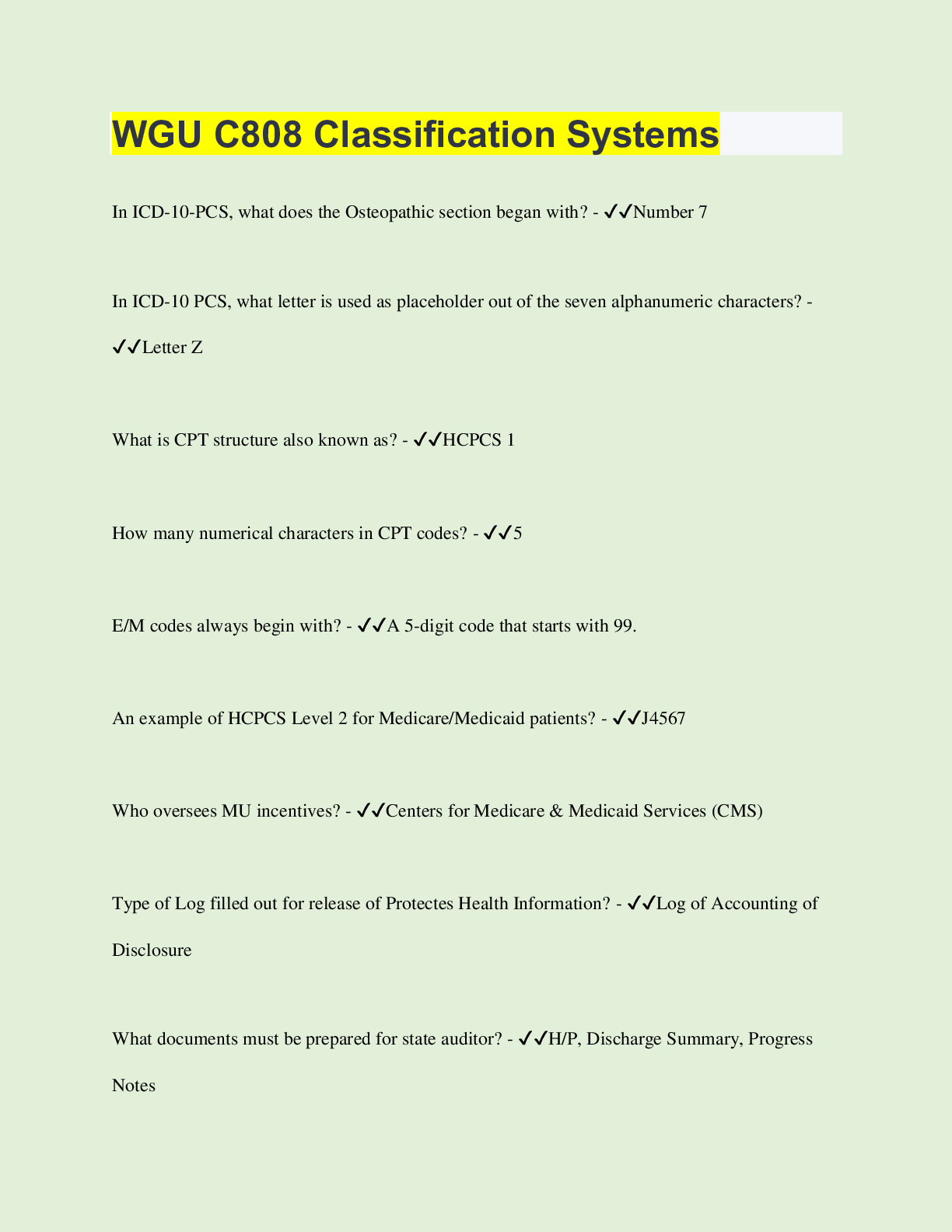 Preview of WGU C808 Classification Systems  | 67 Questions with 100% Correct Answers | Verified | Lat